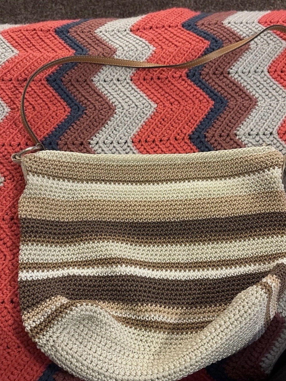 Lina Crochet Striped Shoulder Bag in Beige, Cream and Brown